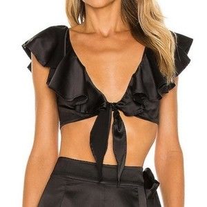 WeWoreWhat Crop Top Black Satin Ruffle Tie Front S